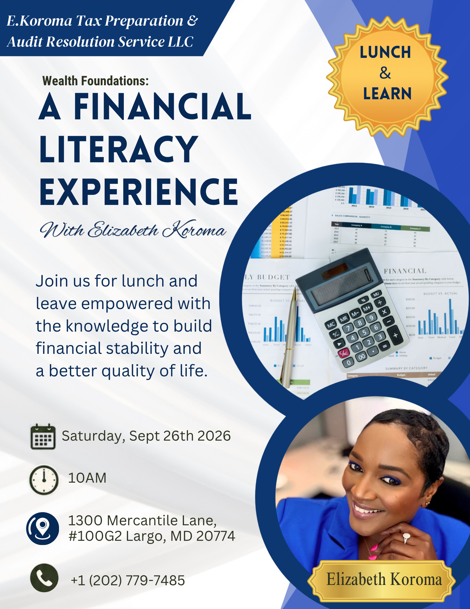 Flyer for the Lunch and Learn: Wealth Foundations, a Financial Literacy Experience with Elizabeth Koroma, on Saturday, September 26, 2026, at 10 AM, located at 1300 Mercantile Lane, #100G2, Largo, MD 20774.